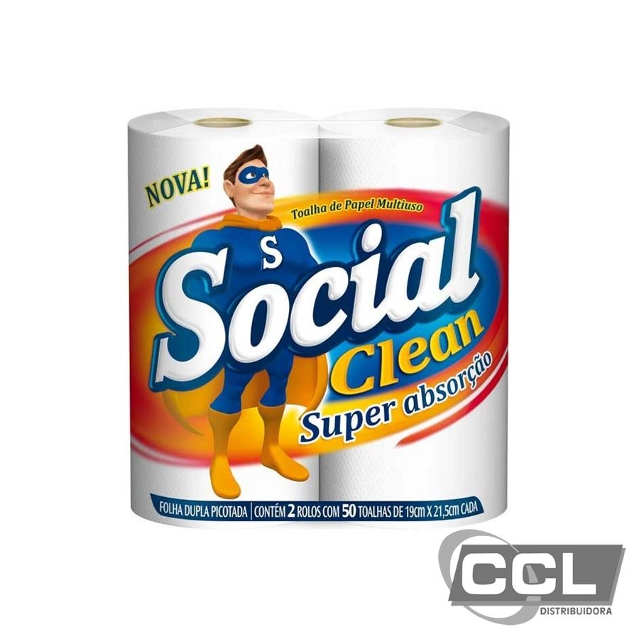 Papel toalha folha dupla de picotar Social Clean com 2 rolos de 50