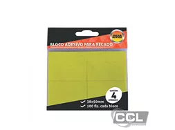 Bloco adesivo para recado 38mm x 50mm amarelo Jocar Office com 4 unidades