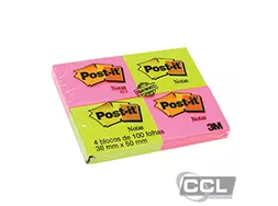Bloco adesivo Post-it 653 rosa/verde 38mm x 50mm - 4 bl por embalagem c/100 folhas cada 3M